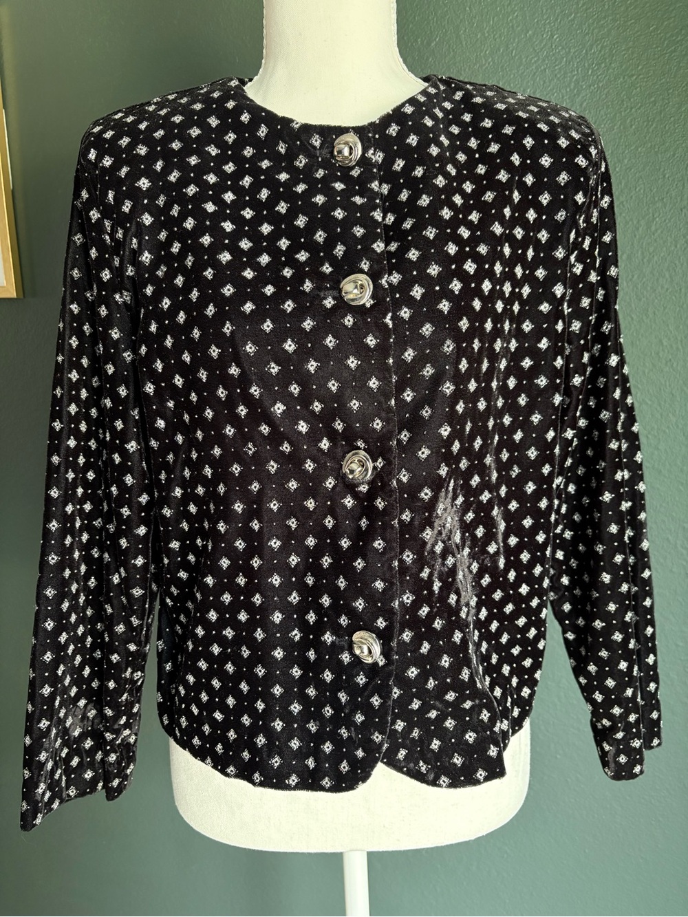 VTG Joanna Metallic Black Silver Jacket Small USA Shoulder Pad Holiday Blazer